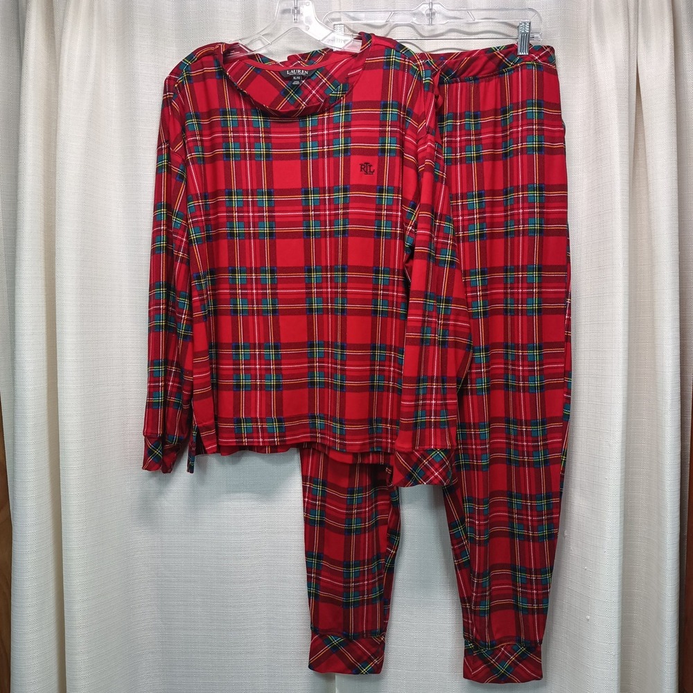 Lauren Ralph Lauren‎ Pajama Set Womens XL Red Tartan Plaid Jogger Sleepwear Logo